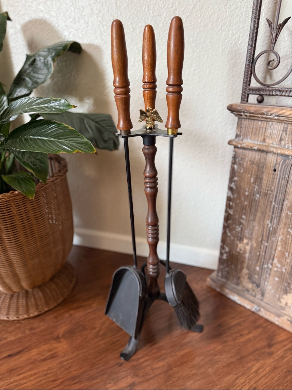Vintage MCM Seymour-Style Fireplace Tool Set Iron, Wood, Brass Eagle